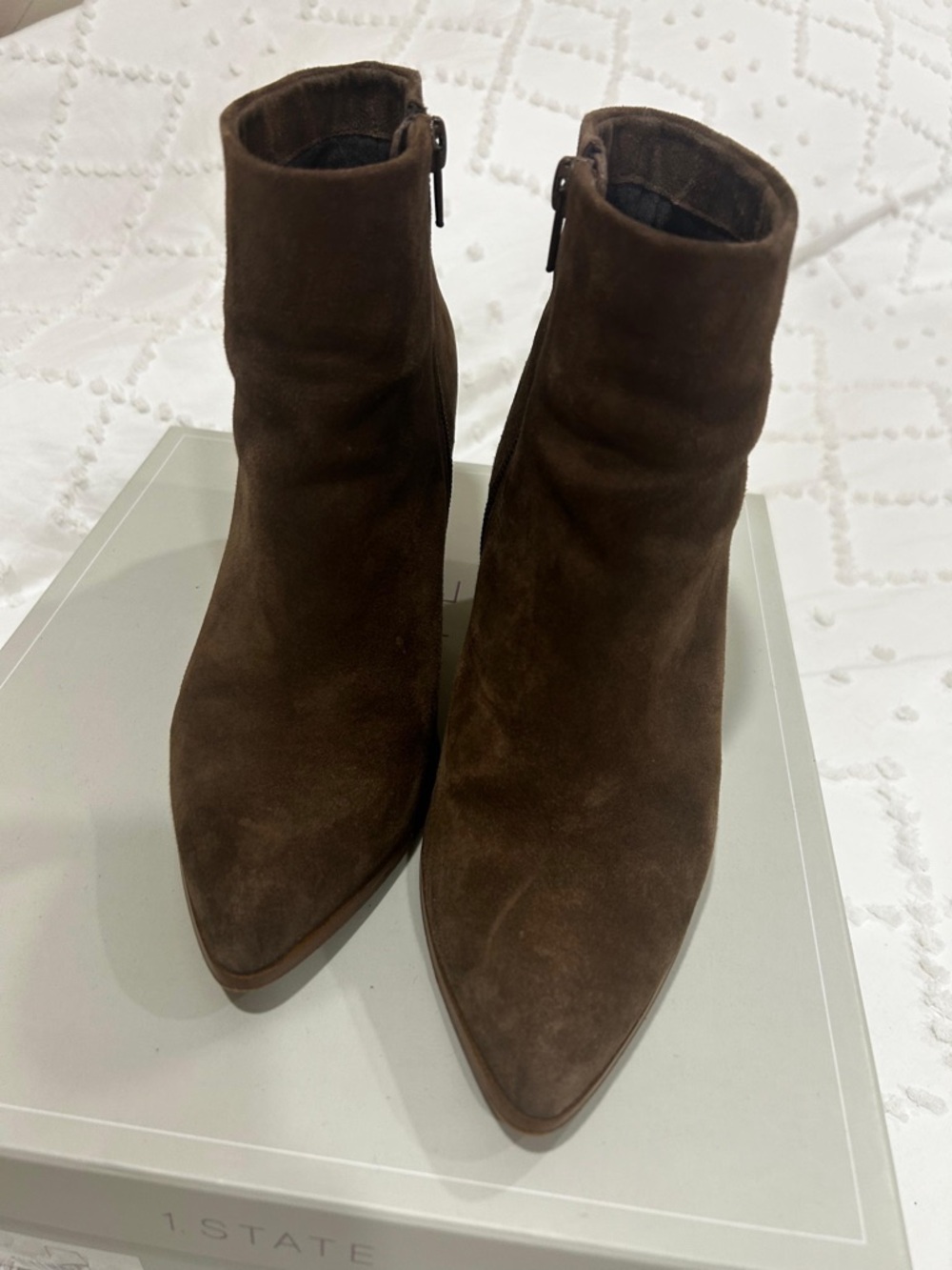 1. State Women's Pointed Suede Ankle Booties in Dark Brown